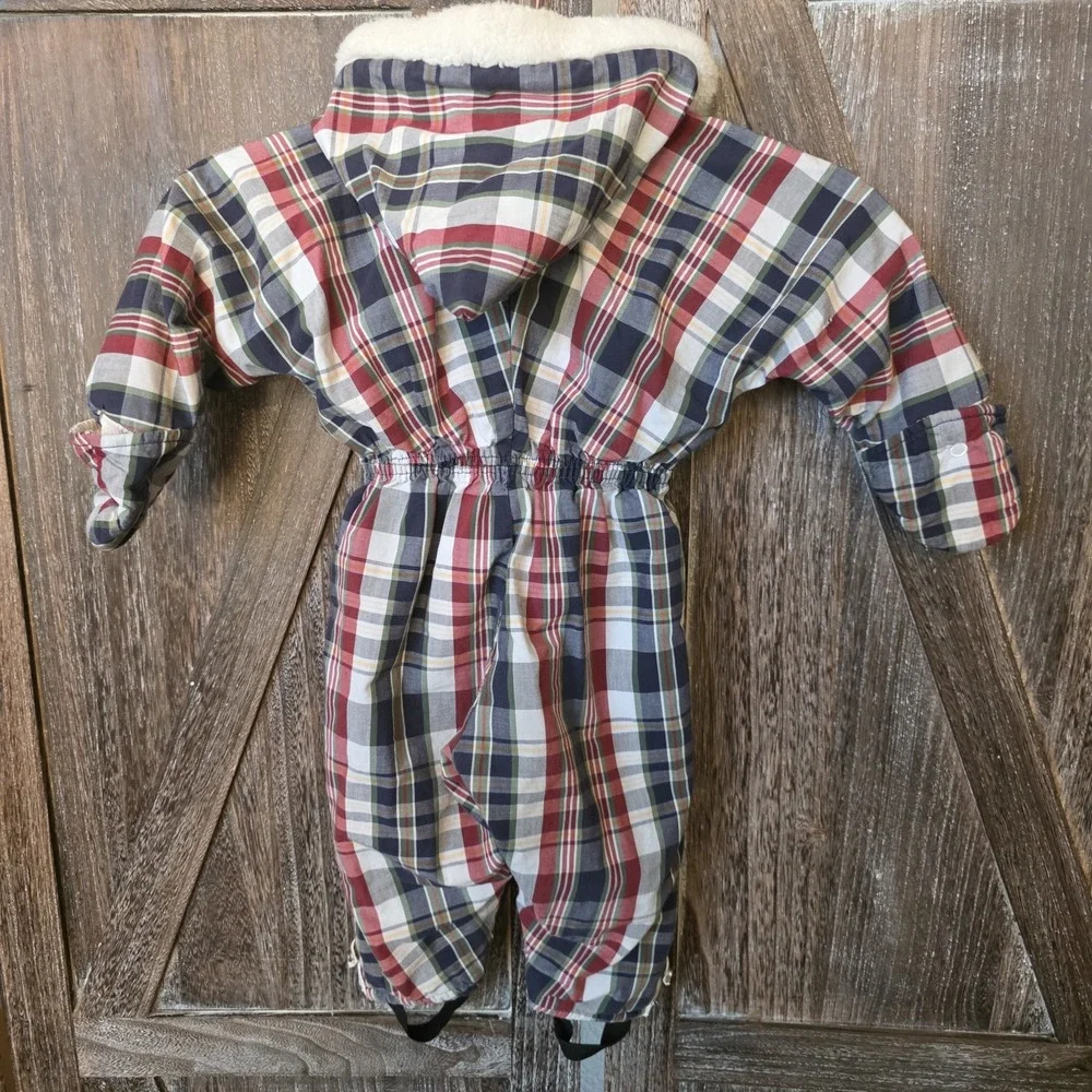 Puss In Boots Pram Snowsuit Infant Size Plaid Detachable Mitts Hooded Vintage‎